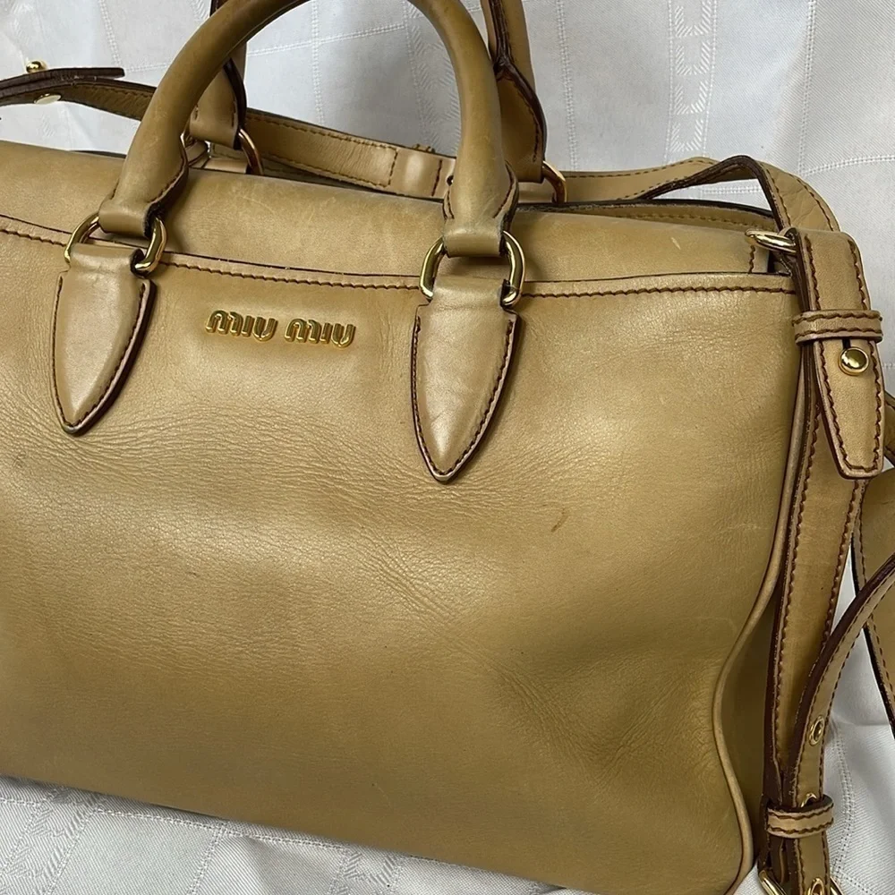Miu Miu Vitello Leather Flap 2 Way Handbag Satchel Beige